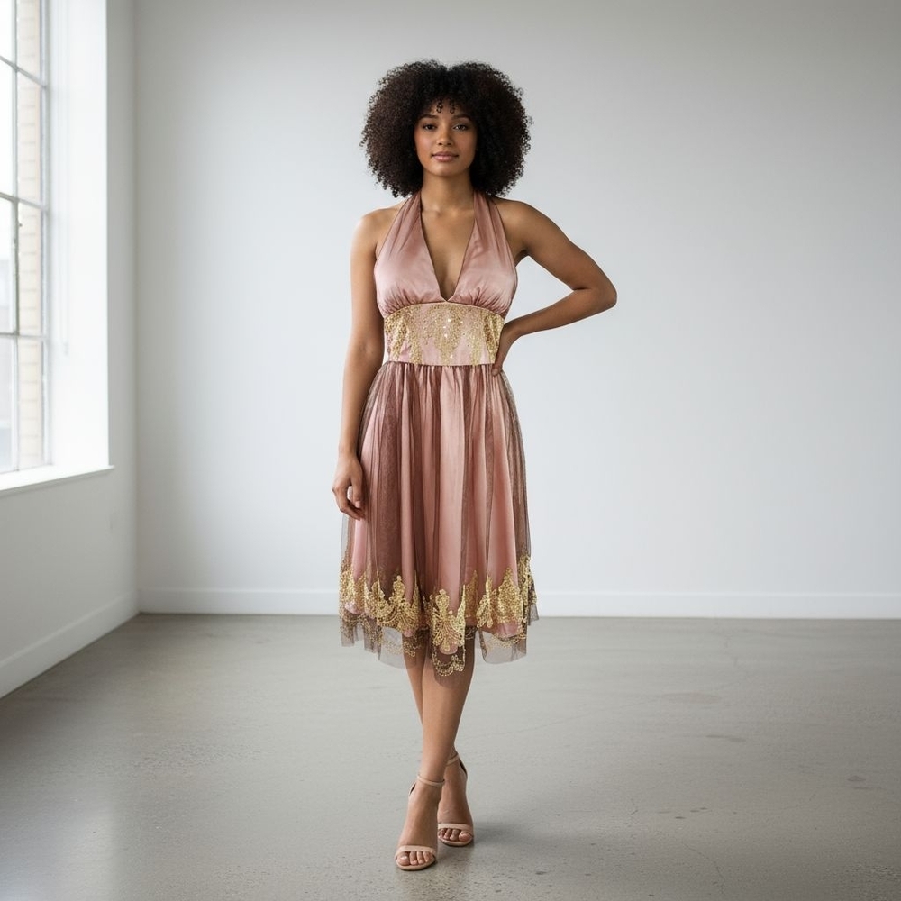 Adrianna Papell Boutique Mocha Brown Pink Gold Halter Dress Beaded Cocktail Sz 4 - Picture 1 of 14